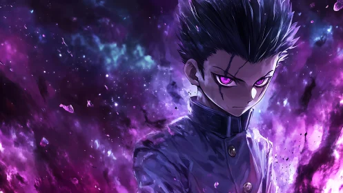 Psychic schoolboy stands in swirling violet cosmic storm
