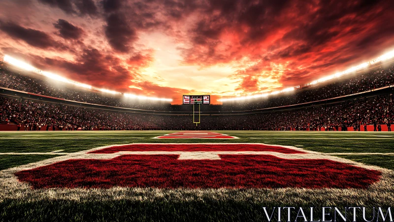 Sunset-ignited football stadium with low-angle field perspective.