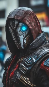 Cybernetic hooded assassin with glowing blue eye stands.