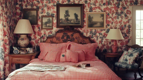 Gingham dreams in a flower-drenched vintage bedroom retreat.