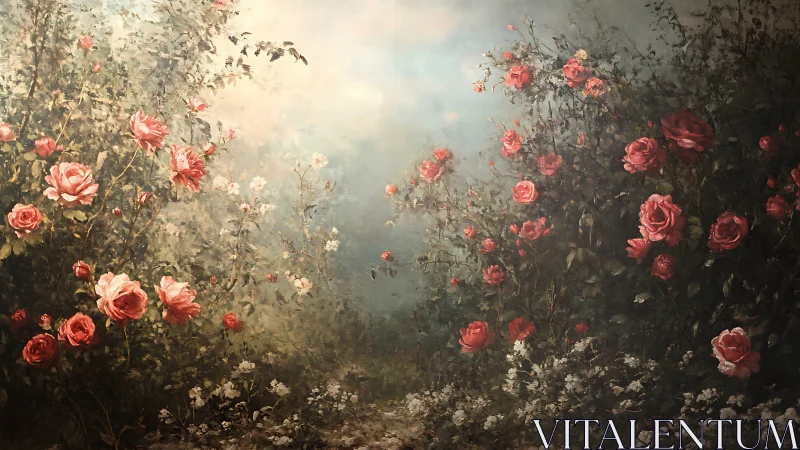 Atmospheric Rose Garden with Ethereal Pink Blooms and Misty Luminosity