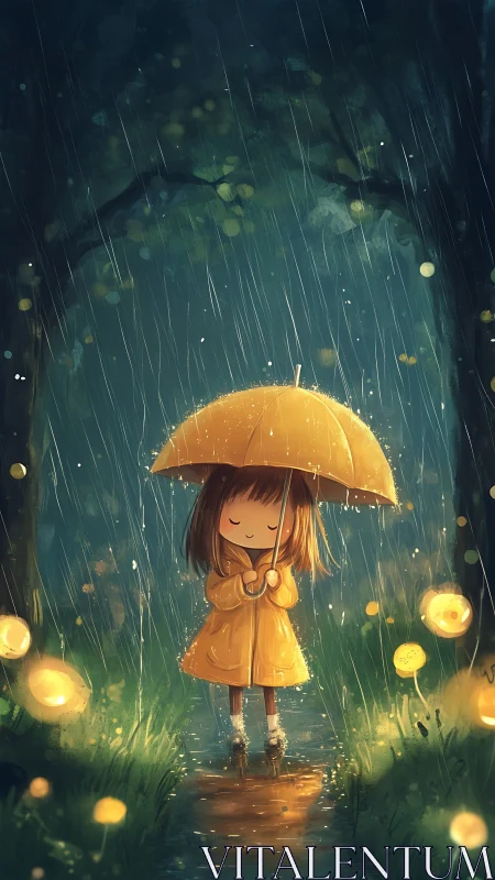 Little rain mage in a golden coat guarding forest light.