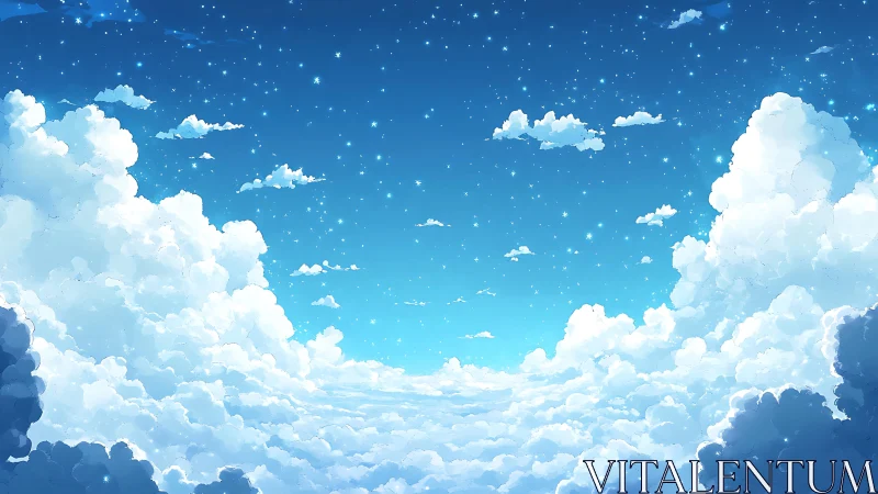 Starlit cloud ocean stretches beneath a tranquil blue sky