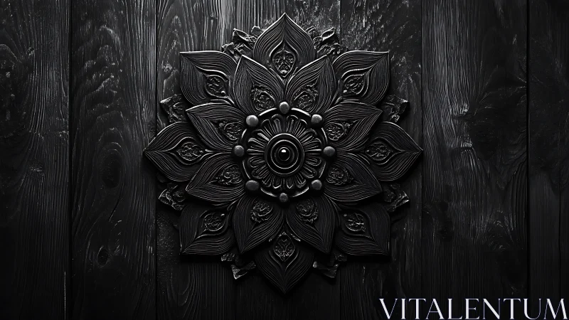 Black carved mandala relief rests on textured wooden wall