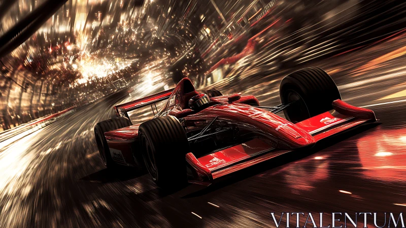 Red Formula race car storms luminous urban tunnel.