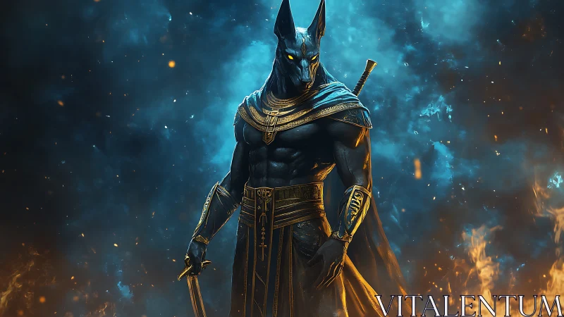 Jackal-headed war god in blue-orange infernal backlight.