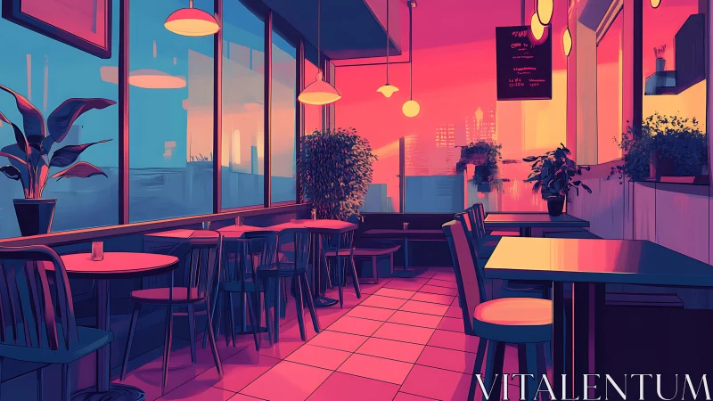 Neon-lit urban caf&eacute; interior in stylized digital painting perspective.