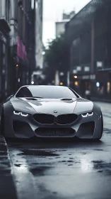 Futuristic silver BMW concept car dominates wet city street