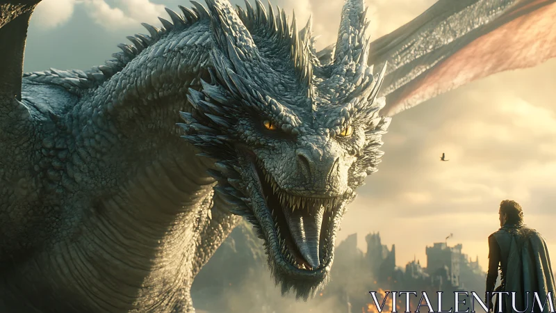 Photorealistic dragon close-up with rider before ruined city