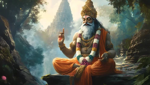 Serene sage in orange robes meditates by a misty temple valley