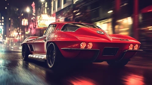 Scarlet street rocket slicing neon-soaked midnight cityscape.