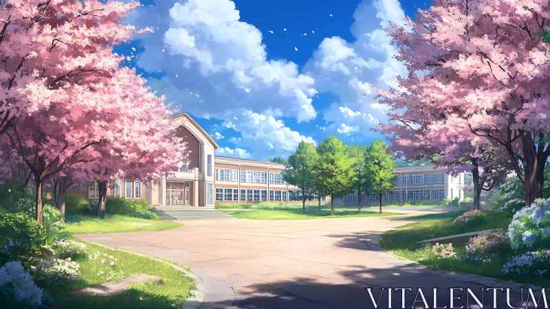 School courtyard under cherry blossoms in clear daylight.