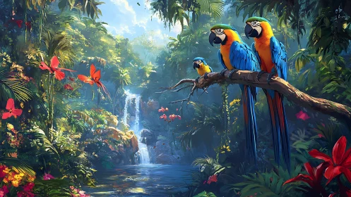 Three macaws remain perched above rainforest pool and waterfall