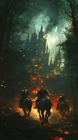Armored riders advance toward a burning gothic fortress through forest