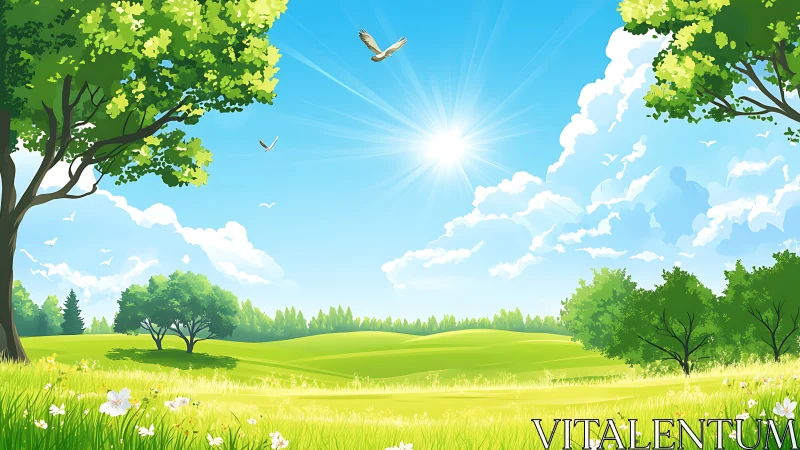 Gentle sunshine brightens a peaceful green meadow and trees