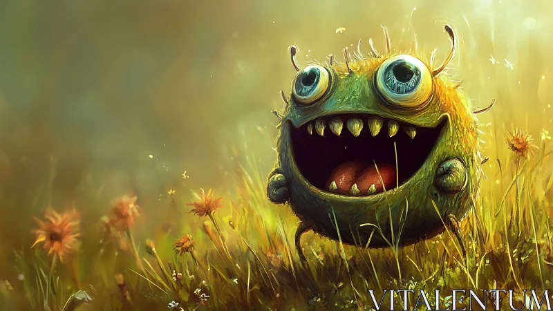 Sunlit meadow monster bellows joy into golden morning