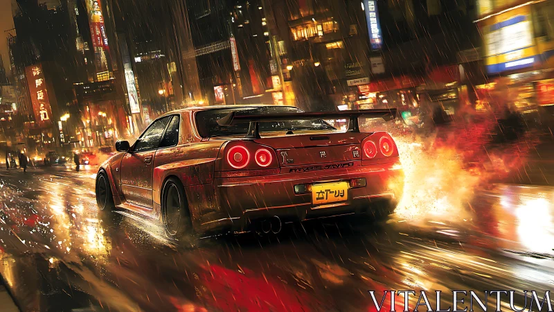 Tuned red street racer drifting through neon rain-soaked city
