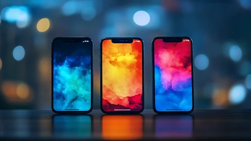 Neon cloudscapes ignite across three glowing smartphone screens.