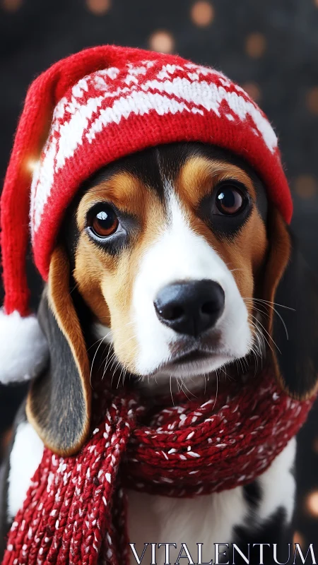 Beagle dog wearing red winter hat and scarf portrait.
