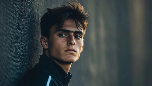 Brooding young man leans on textured wall in moody twilight