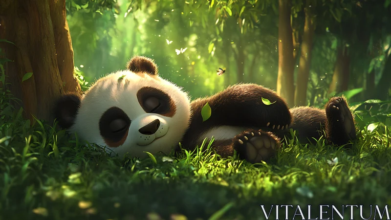 Cute cartoon panda sleeping in sunny green forest glade.