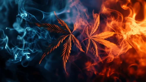 Cannabis leaves set between blue smoke and orange flames.