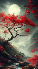 Crimson autumn tree glows under a luminous full moon