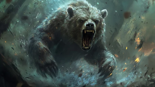 Raging bear storms through a smoky battlefield in fury.