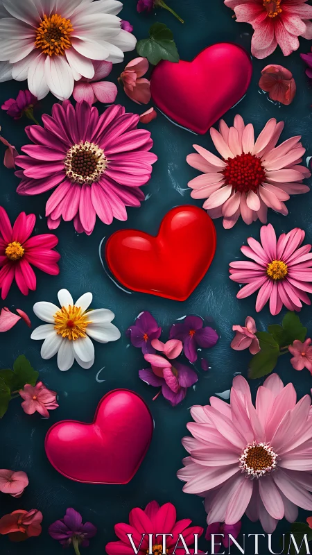 Red Hearts and Vibrant Flowers on Teal Background.