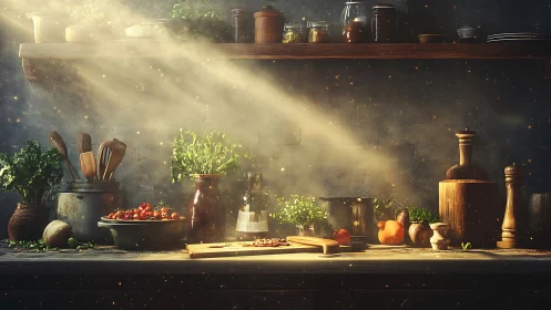 Sunlit rustic kitchen counter with herbs and utensils arranged.