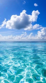 Glittering turquoise sea below towering sunlit clouds.