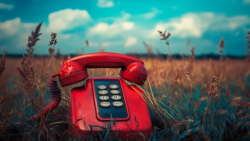 Runaway red telephone dreaming in a storm-bright meadow.