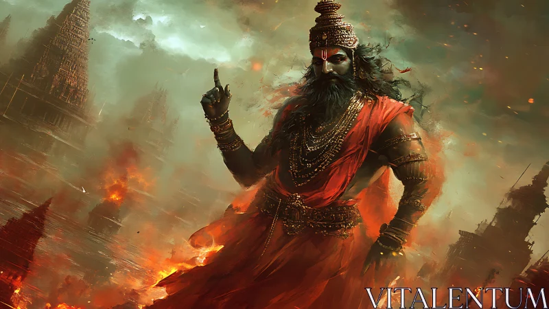 Warrior deity in red amid burning temples and smoke.