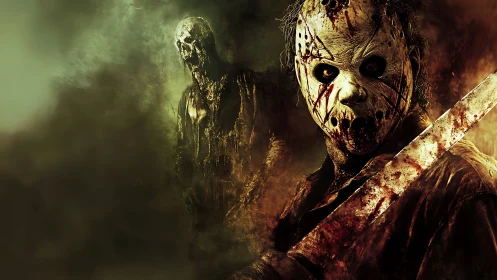 Masked slasher advances with bloody blade in smoky gloom.