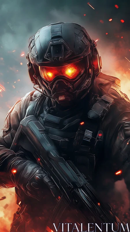 Armored cyber soldier with blazing visor in battlefire.