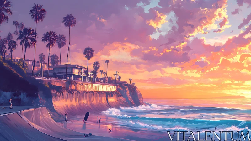 Sunlit coastal skate ramp and palm-lined bluff in sunset haze.