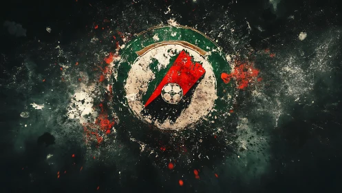 Exploding circular emblem scatters grunge particles outward