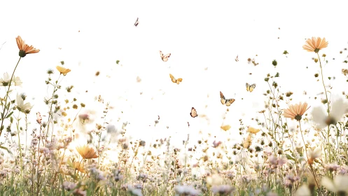 Butterflies over soft wildflower meadow in bright sunlight.