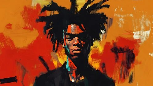 Portrait in bold strokes against vibrant orange field.