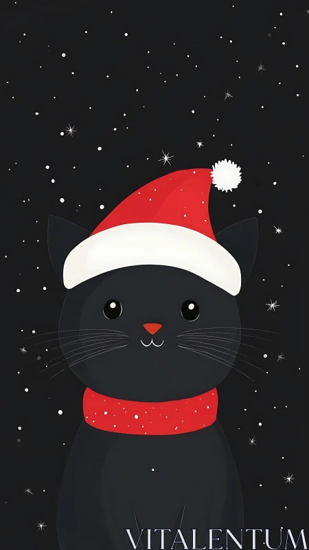 Vector-style black cat in Santa attire on starfield background.