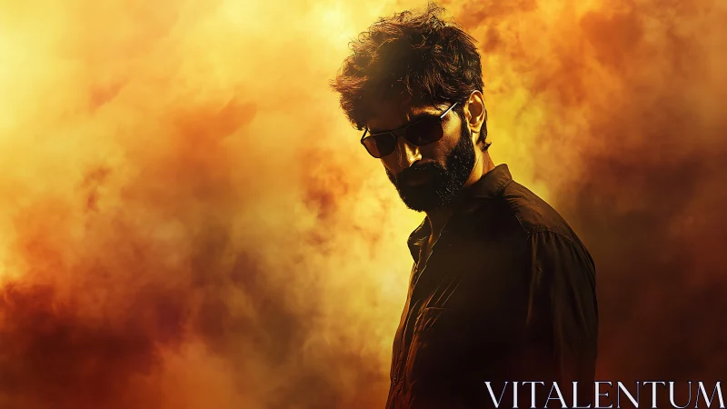 Cinematic portrait against fiery atmospheric smoke field.