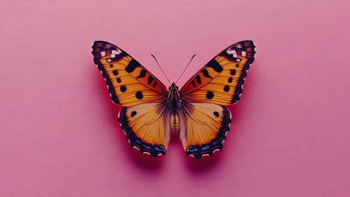 Orange monarch butterfly on pastel pink minimal backdrop.