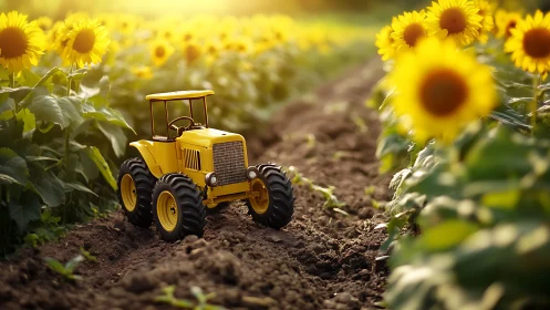 Miniature yellow tractor advances through sunlit sunflower rows