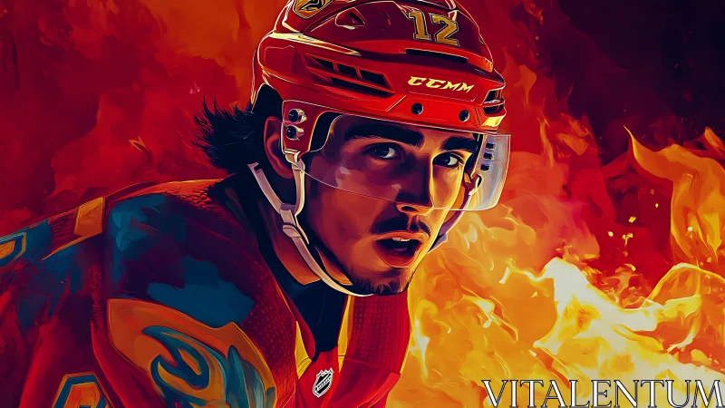 Digital portrait of ice hockey player against stylized flame background