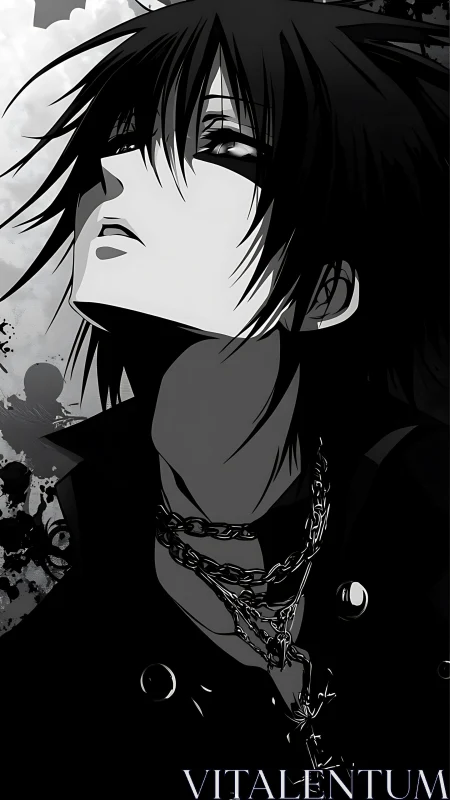 Monochrome anime portrait of male figure with chains.