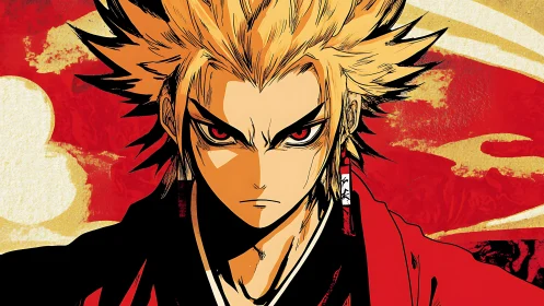 Spiky haired anime swordsman portrait on red abstract field.