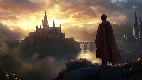 Young cloaked wizard overlooks luminous riverside castle.
