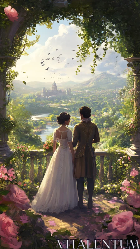 Romantic couple gaze over sunlit fantasy kingdom garden.