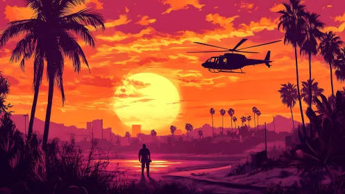 Neon sunset pursuit over palm-lined cyber beachscape.