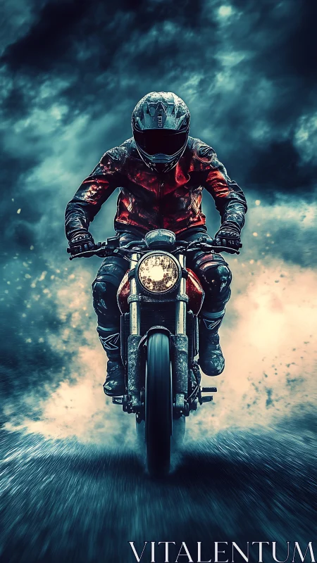 Stormy night rider charges forward through swirling clouds